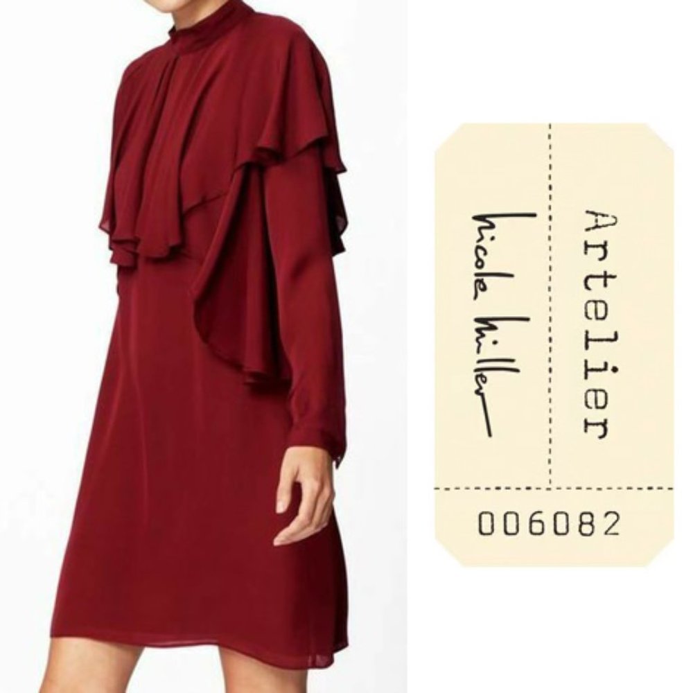 Nicole Miller Artelier Shift Dress Mini Long Sleeve 100% Silk Wine Small New